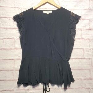 LOFT Black Lace Peplum Dark Fairy Goth Wrap Blouse Womens Large Whimsigoth Top‎